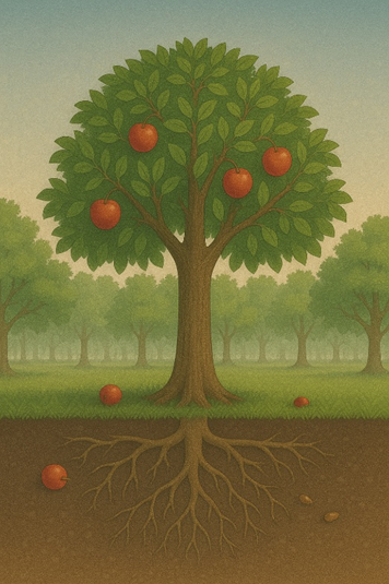 A tree with roots bearing fruit
